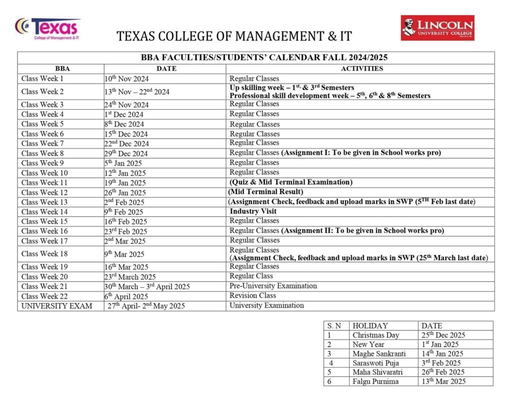 BBA ACADEMIC CALENDAR FALL 2024/25